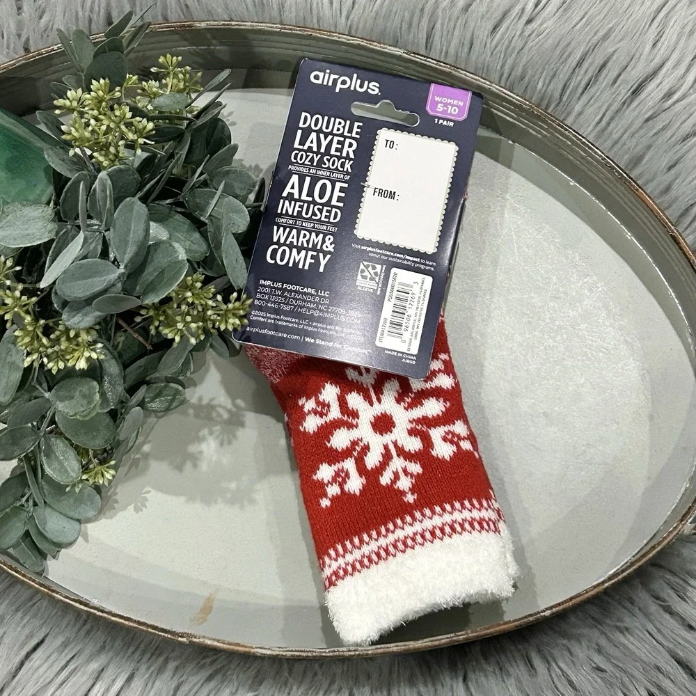 Red Chrismas Socks Women's Airplus Cozy Double Layer Infused w Aloe Fuzzy Winter